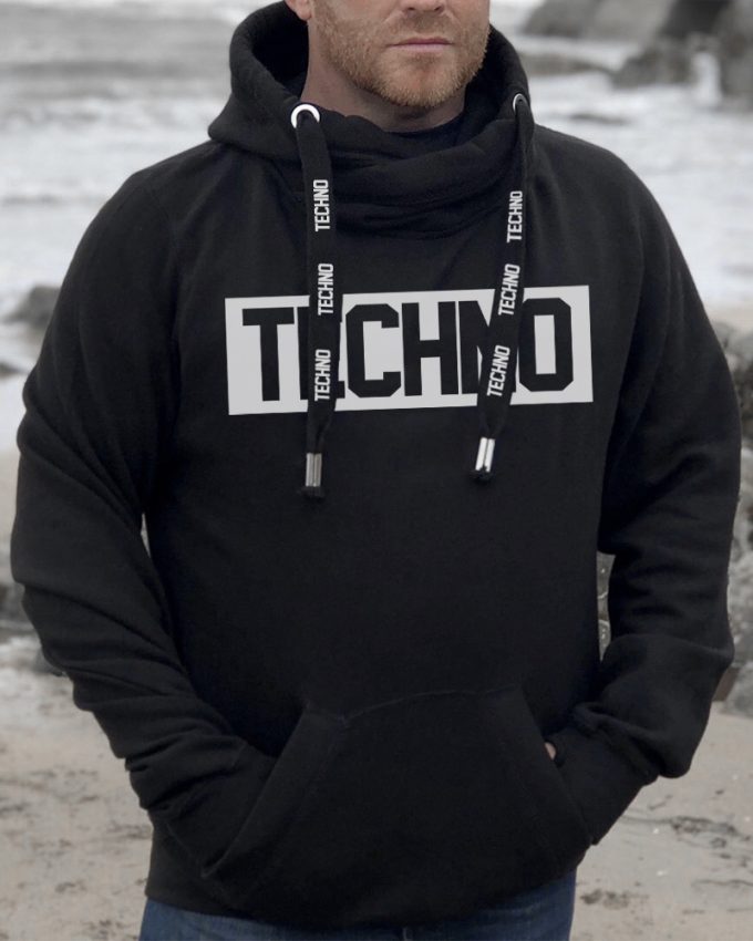 techno pulóver kapucnis férfi pulcsi fekete