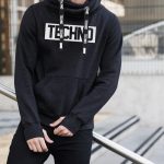 Techno kapucnis férfi pulóver pulcsi fekete