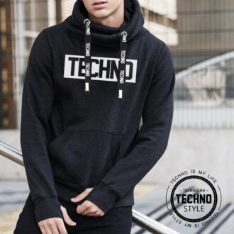 Techno kapucnis férfi pulóver pulcsi fekete