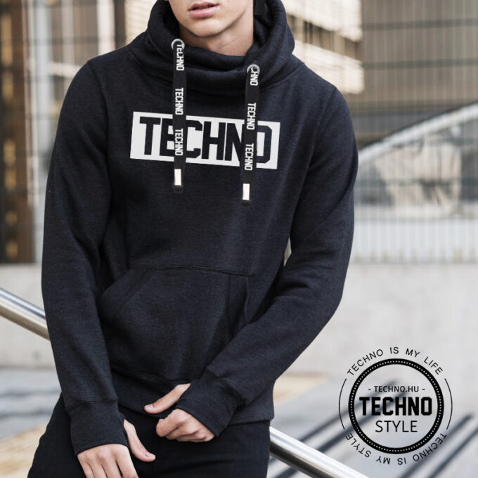 Techno kapucnis férfi pulóver pulcsi fekete